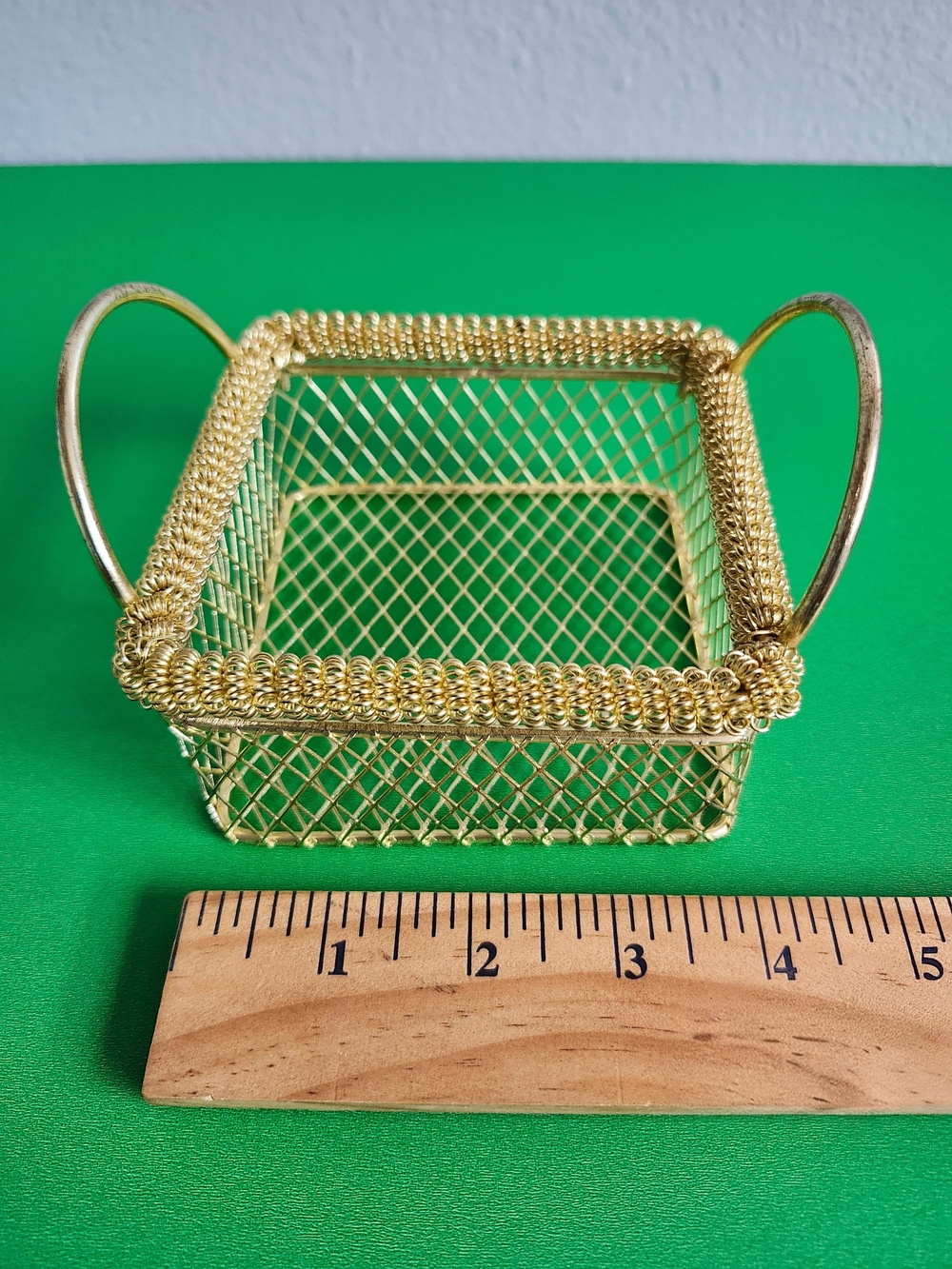 2 Vintage Gold Wire Miniature Basket Hollywood Regency Tiny Decorative Caddy